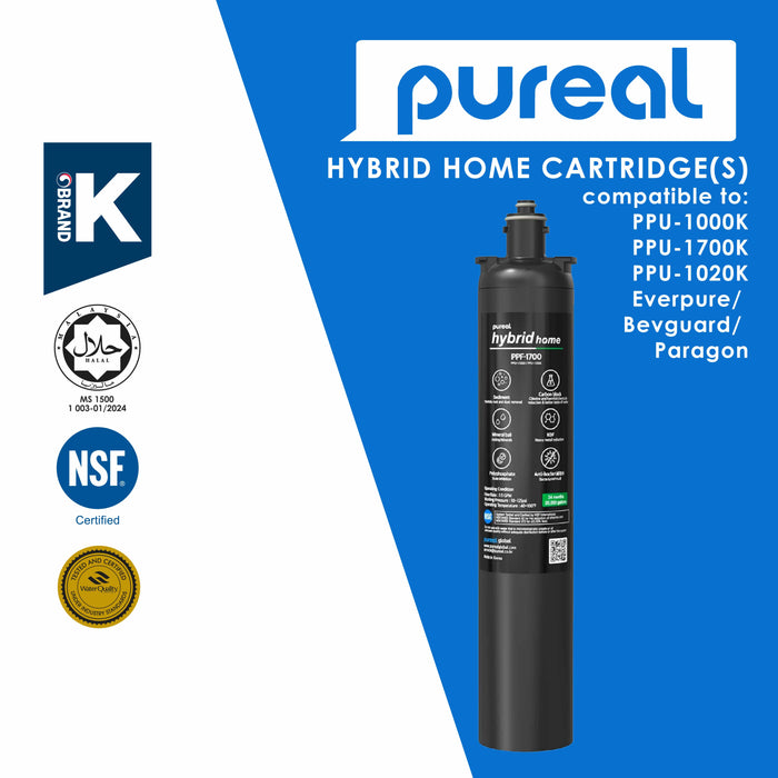 (Jakim HALAL) Pureal Hybrid Home Under Sink Replacement Cartridges, NSF/ANSI 42&372, Mineral Sediment Carbon Block KDF Polyphosphate Filter for Scale & Lead & Chlorine