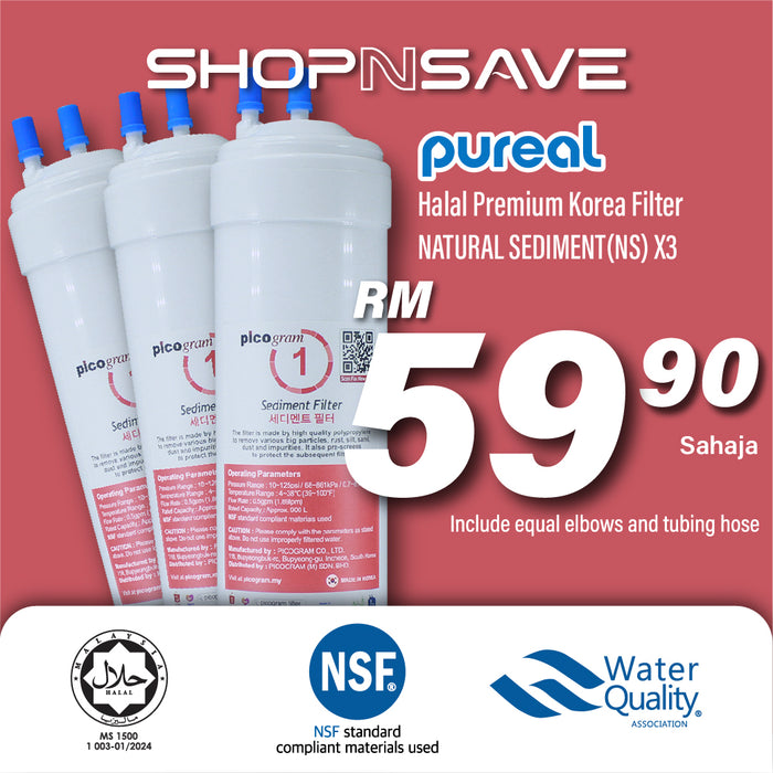 [LIMITED PROMOTION] (Jakim HALAL) Pureal Picogram Natural Sediment(NS) Water Filter Cartridge 3pc Set [29cm]