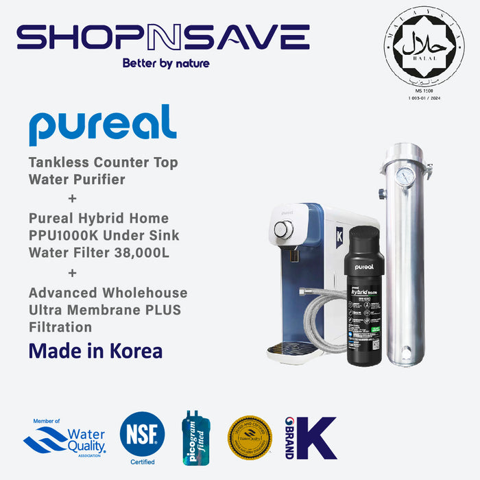 (Jakim Halal)(FREE Installation) Pureal PPA100 & Hybrid Home Water Purifier + Advanced Wholehouse Ultra Membrane PLUS Filtration System - Featuring PVDF Technology with 0.01 Micron Superior Clarity Rating