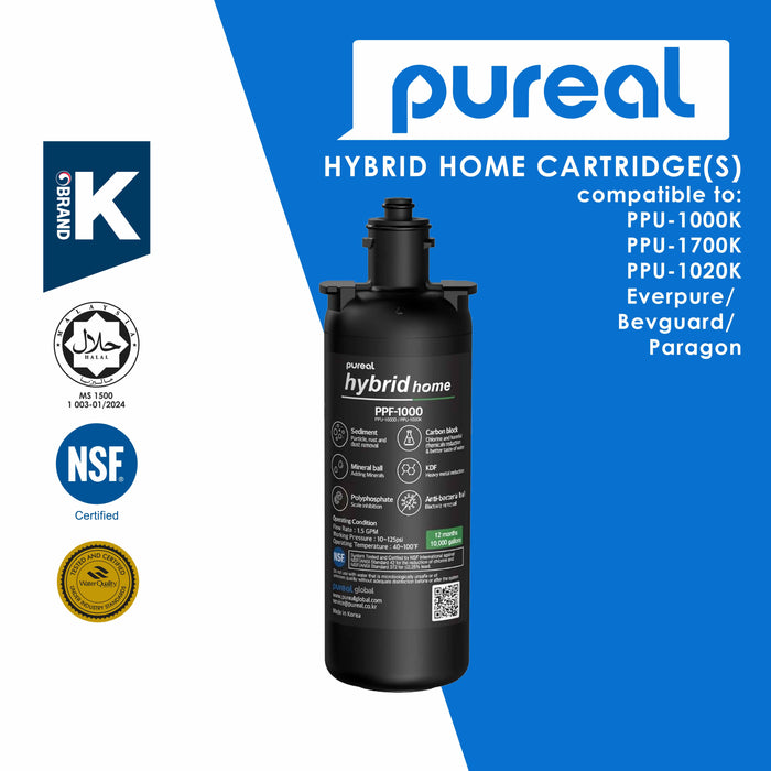 (Jakim HALAL) Pureal Hybrid Home Under Sink Replacement Cartridges, NSF/ANSI 42&372, Mineral Sediment Carbon Block KDF Polyphosphate Filter for Scale & Lead & Chlorine