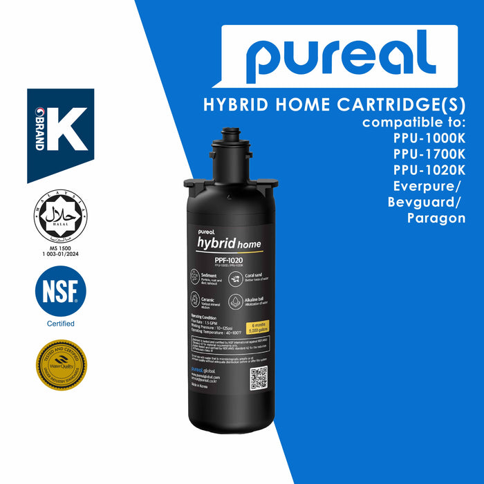 (Jakim HALAL) Pureal Hybrid Home Under Sink Replacement Cartridges, NSF/ANSI 42&372, Mineral Sediment Carbon Block KDF Polyphosphate Filter for Scale & Lead & Chlorine