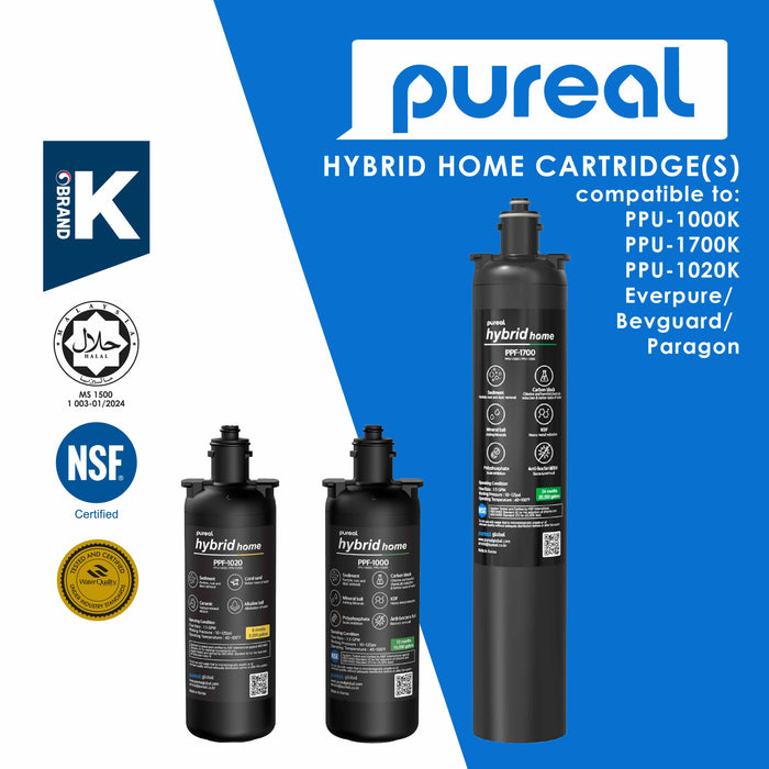 (Jakim HALAL) Pureal Hybrid Home Under Sink Replacement Cartridges, NSF/ANSI 42&372, Mineral Sediment Carbon Block KDF Polyphosphate Filter for Scale & Lead & Chlorine